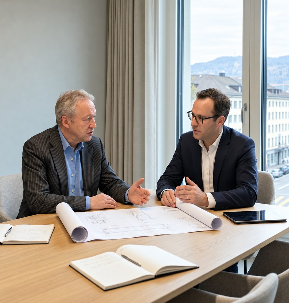 Two men discussing technical drawings at a meeting table